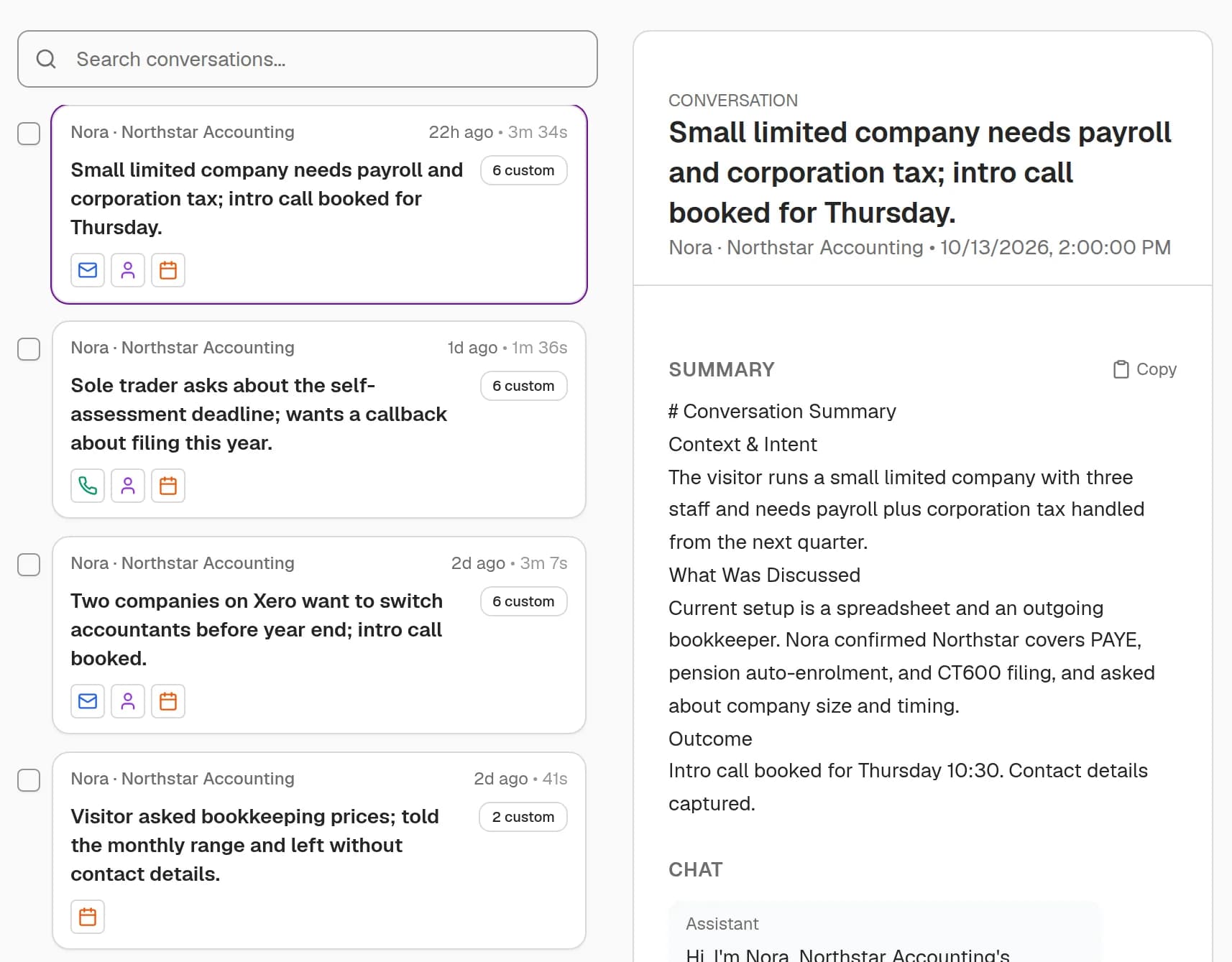 MadeAgentic dashboard: a list of captured conversations with summaries, and the open conversation showing context, discussion, and the booked intro call.